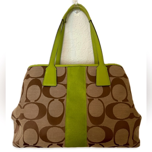 COACH signature beige fabric and lime green stripe bag, EUC - Picture 2 of 16